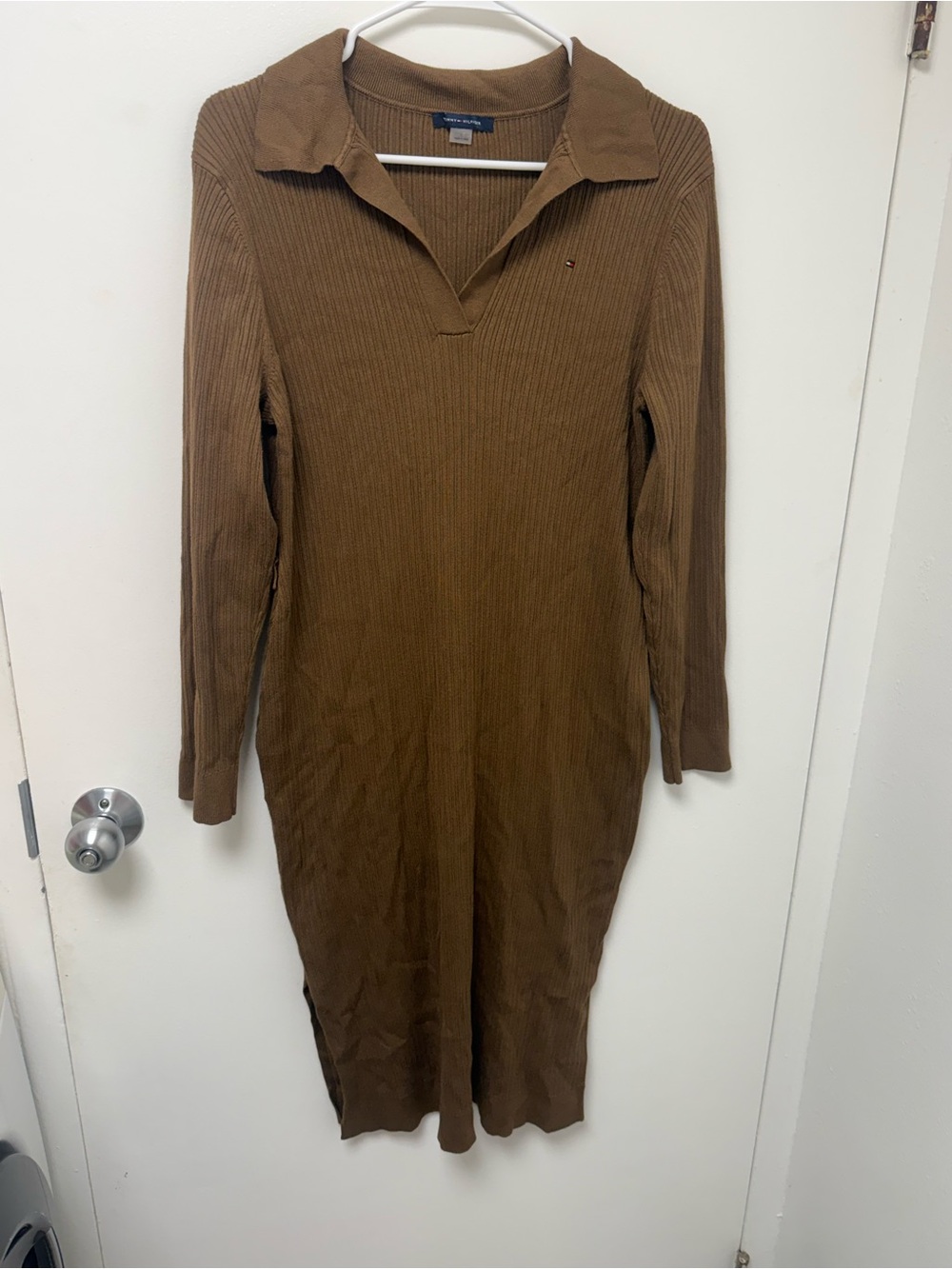 Tommy Hilfiger Chestnut Ribbed Collared Long-Sleeve Dress